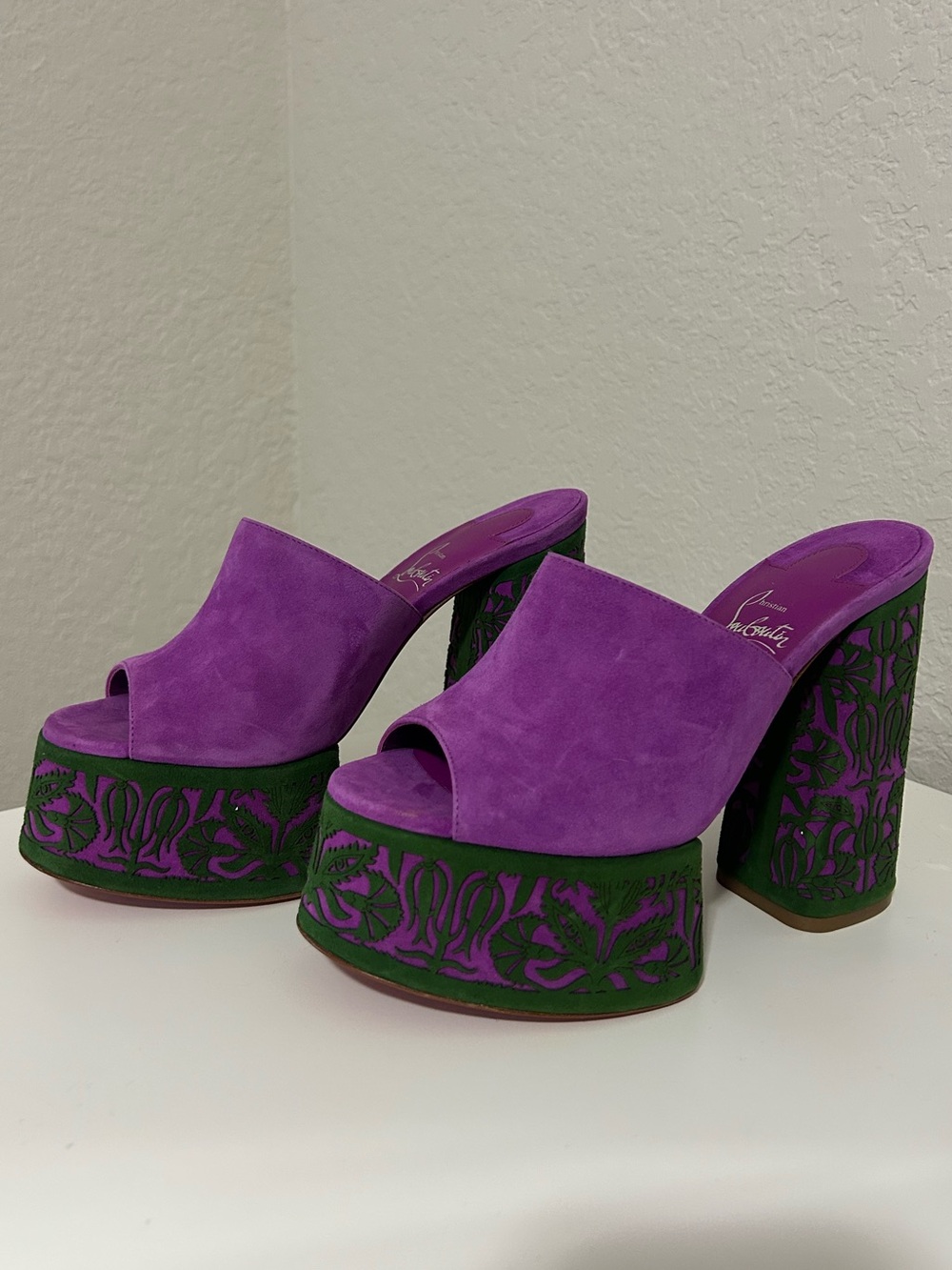 Christian Louboutin Red Bottoms Purple Suede Platform Mules with Green Filigree